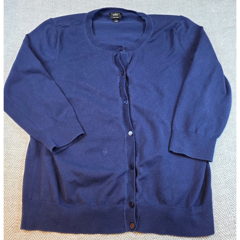 Talbots Navy Blue Pima Cotton Blend 3/4 Sleeve Button Front Cardigan Large